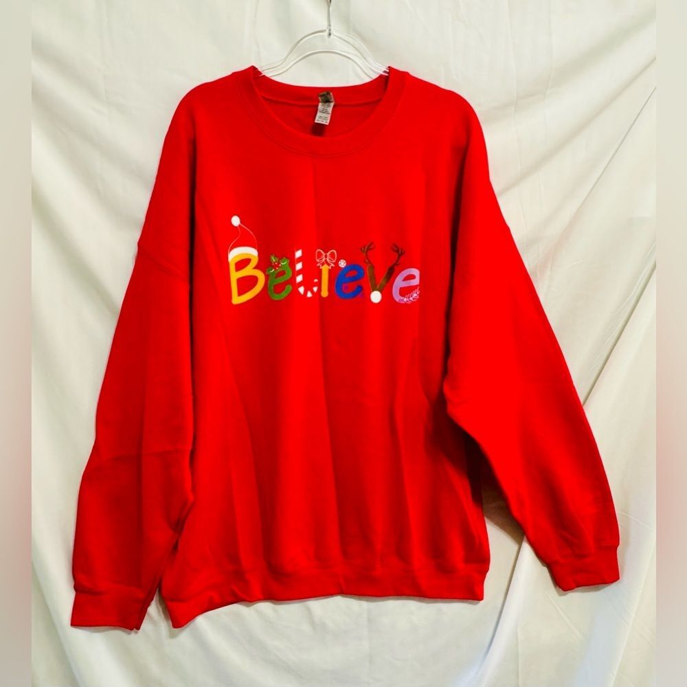 Gildan Vibrant Red Heavy Blend Christmas Believe Sweatshirt, Size 3XL